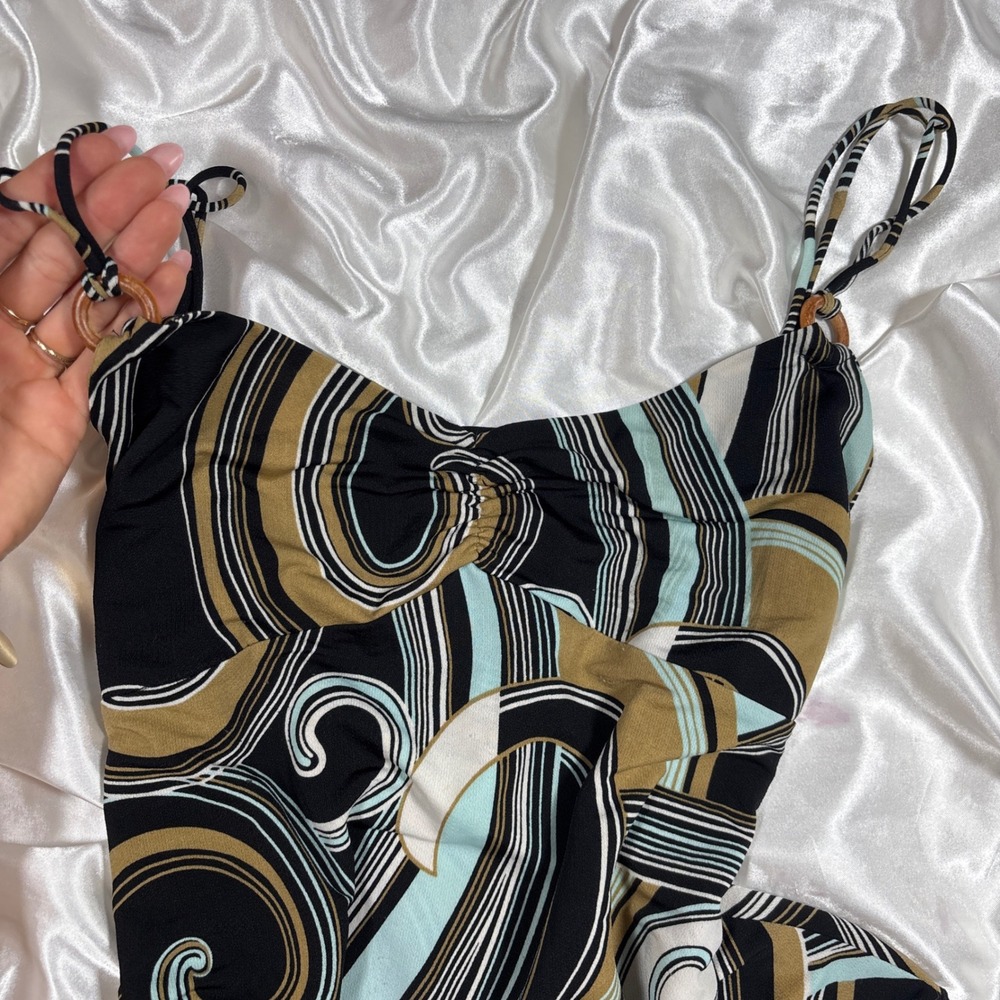 y2k Cami Top Black Tan Blue Excellent Abstract Swirl Asymmetrical Anna - Picture 4 of 6